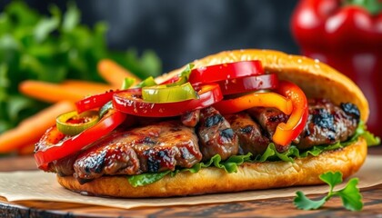 Juicy grilled steak, vibrant bell peppers, onions, lettuce in a toasted bun,   lunch,  colorful