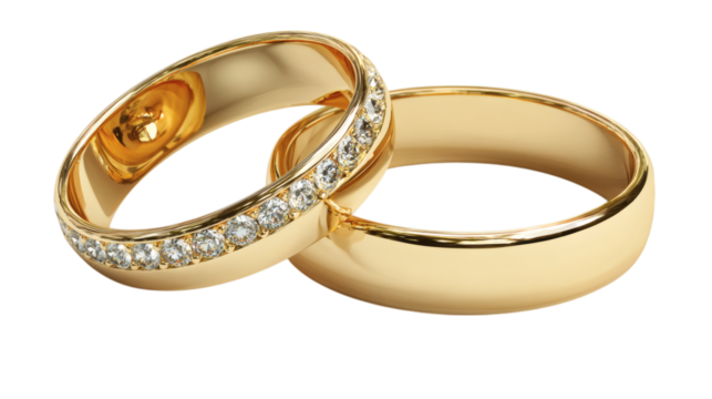 Pair of golden wedding rings side by side, love and marriage concept, isolated on transparent 