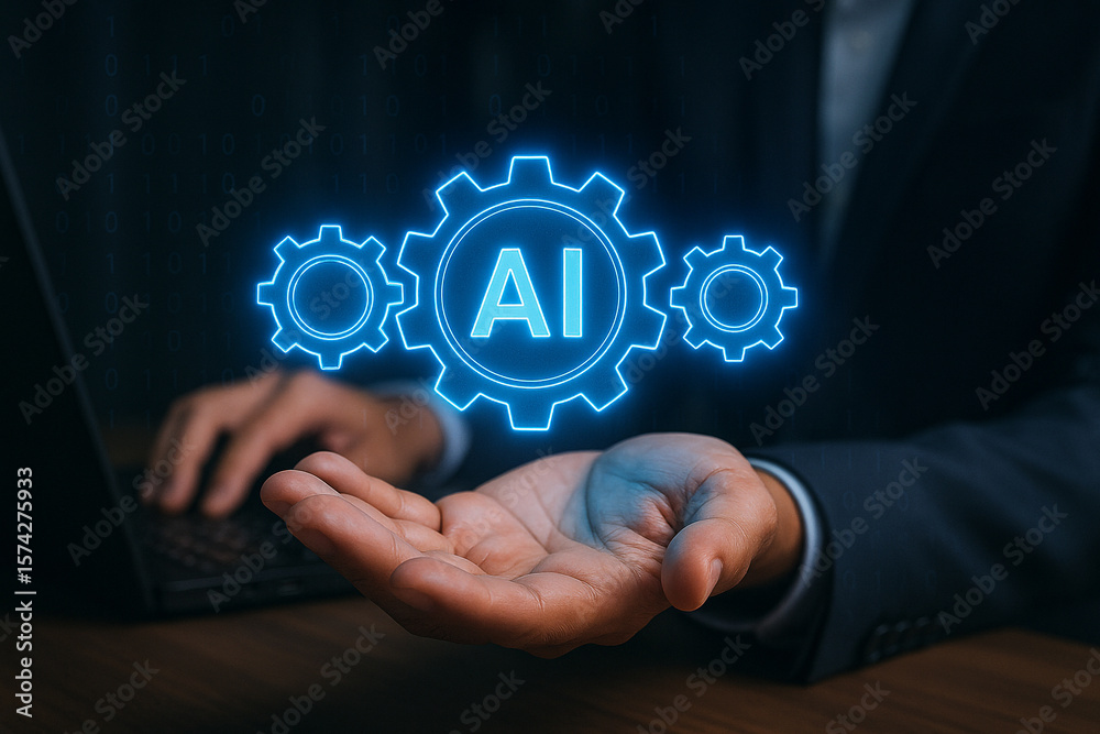 Poster artificial intelligence concept with gears floating above a hand in a dark setting scene