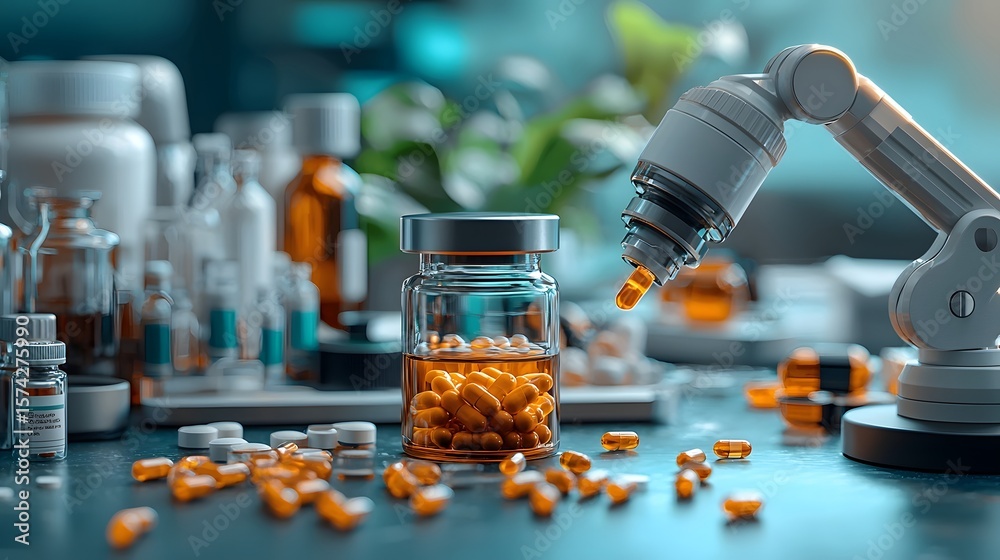Poster a robotic arm in a futuristic laboratory precisely handling and processing drug samples with the gui