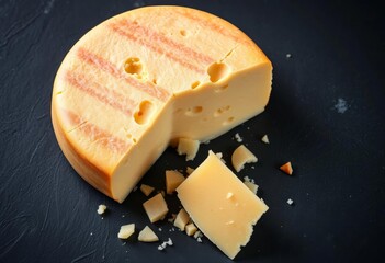 Hard parmesan cheese wheel on dark slate background, parmesan, block