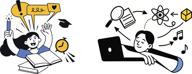 Online Education Vector Illustration. Students learning online and offline.