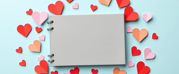 Gray notebook surrounded by small paper hearts, flat lay,   message,   wedding