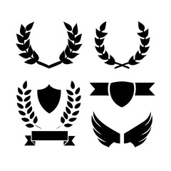 Laurel wreath, shield, wing, ribbon, and banners vector set. Laurel wreaths, shields, wings, ribbons illustration for awards, heraldry, logos, badges, and branding designs 