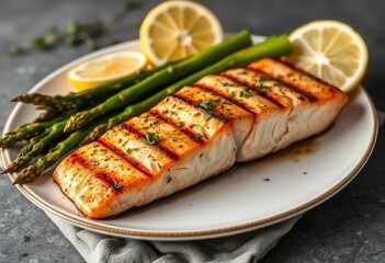 Grilled salmon fillets with roasted asparagus, lemon wedges, herbs,  simple,  food