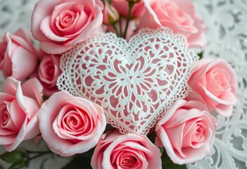 Intricate white lace heart, delicate pink roses, romantic vintage style,  jewelry,  spring