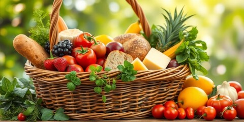 Overflowing wicker basket brimming with fresh fruits, vegetables, bread, and cheese,  full,  vitamin