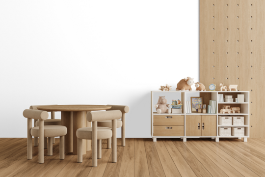Modern kids learning space with round wood table, chairs, and toy storage shelf isolated on transparent background PNG with shadow