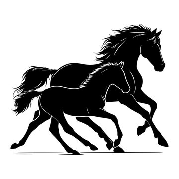 Majestic black mare and foal galloping together in a stylized illustration