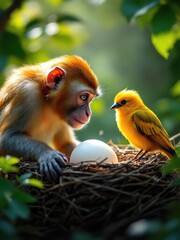 Monkey and bird looking at egg in nest with green leaves in the background on a sunny day outdoors