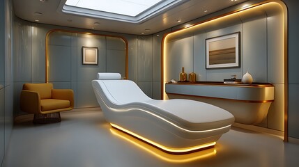 Modern spa room with futuristic white chaise lounge yellow armchair and ambient lighting