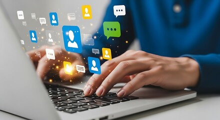 Obraz premium Digital Communication Connecting People Online Through Social Media And Messaging Platforms Using A Laptop
