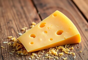 Golden-hued parmesan wedge, shavings scattered on rustic wood,  food,  aged cheese