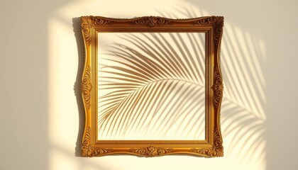 Intricate gilded frame, cast shadow of palm frond against light background, tropical leaf, design