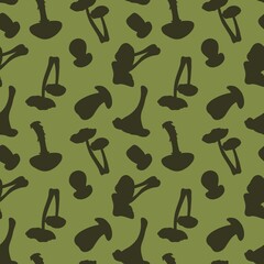 Dark green mushrooms on a light green background, seamless pattern