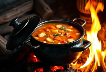 Hearty stew simmering in a rustic cast iron cauldron over an open fire,   campfire,  autumn