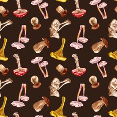 Seamless pattern with mushrooms, in watercolor style on a brown background