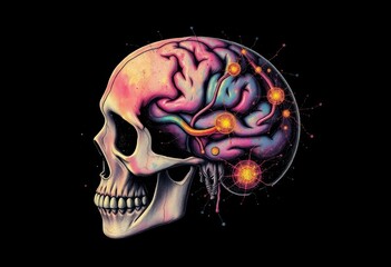 Grungy, textured illustration of a brain's neural network within a skull,  illustration, brain