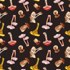 Seamless pattern with mushrooms, in watercolor style on a black background