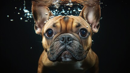 Adorable brown french bulldog puppy swimming underwater with bubble detail on a black background close angle