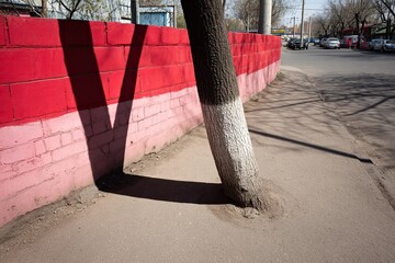 A tree trunk, painted white, emerges from a vibrant red and pink brick wall, casting bold shadows on a city street