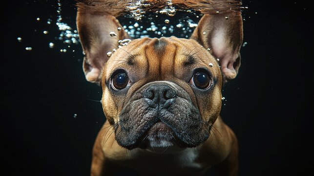 Adorable brown french bulldog puppy swimming underwater with bubble detail on a black background close angle