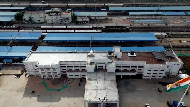 Aerial Drone Shot of Villupuram in Railway Station with Indian Flag