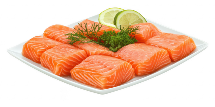 Salmon cubes with lime on a plate on transparent png background