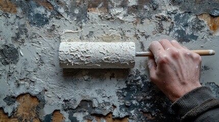 Paint roller smoothing white texture on wall revealing wooden layers home renovation style