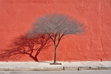 Bare tree casts long shadow on coral wall