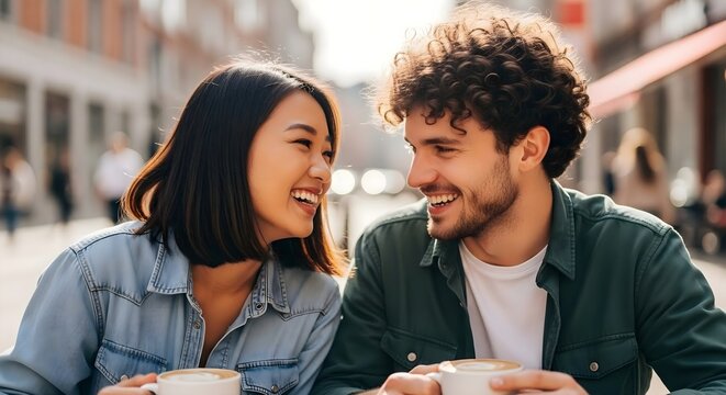 Smiling multi-ethnic couple enjoying coffee, representing genuine connection ideal for relationship marketing, modern lifestyle branding, and inclusive advertising