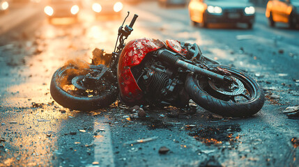 Motorcycle crash accident on urban street, broken bike after collision. Traffic safety hazard, damaged motorbike on asphalt road. Injury insurance claim, vehicle repair service concept for blog post