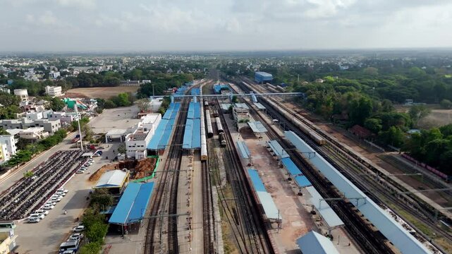 Close-up aerial drone shot of train station shot in early morning
