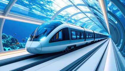 Fototapeta premium Underwater Train Tunnel: Futuristic Transport Through a Coral Reef Aquarium