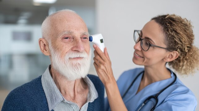 Elderly patient calmly getting temperature checked by nurse with digital device in ear, clean clinical background..