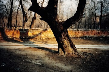 A weathered tree trunk, silhouetted against the golden light of a park.  Shadows stretch across a path and ochre-hued brick wall