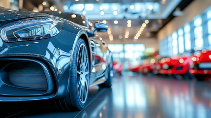 Cropped image of new car in dealer's showroom. Detail of luxury car for lease in rent office. Car sales business