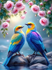 Two colorful birds perched on rocks near water and pink roses in a dreamy serene environment