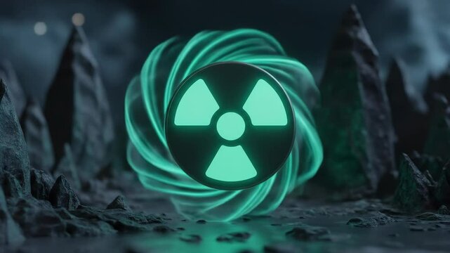 Glowing radioactive symbol against a dark rocky background abstract scientific illustration radioactive symbol nuclear physics graphic design element dark backdrop technology safety warning
