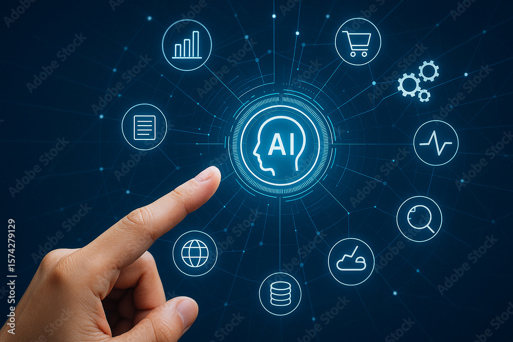 Poster artificial intelligence ai technology concept with hand touching ai head and data icons network 100