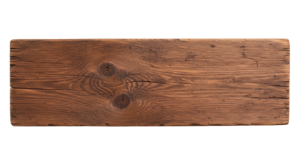 A single horizontal weathered rustic wooden plank with rich mahogany tones, intricate grain, distinct knots, and deep cracks, isolated against a transparent background with no shadows, macro lens