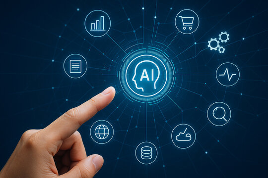 Artificial intelligence ai technology concept with hand touching ai head and data icons network 100