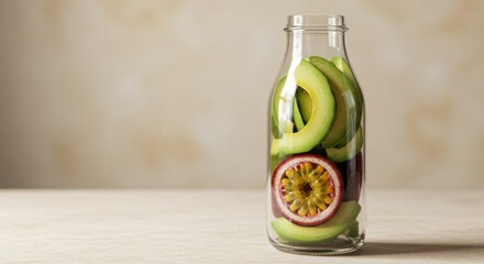 Vibrant Avocado and Passion Fruit Infusion: Minimalist Still Life Photography