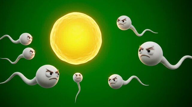 Animated illustration of sperm cells surrounding an egg cell in a scientific setting for reproduction and education purposes