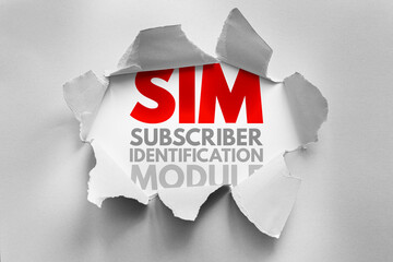 SIM acronym for Subscriber Identification Module revealed through torn paper. Concept for mobile...