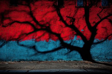 Silhouette of a tree casts dramatic shadows on a vibrant red and teal brick wall at night