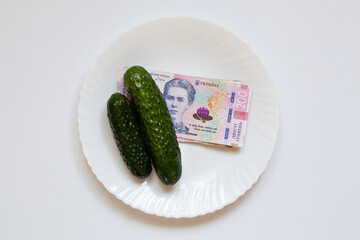 Cucumbers and Ukrainian hryvnia on a plate on a white background, a symbol of the high cost of vegetables and rising prices