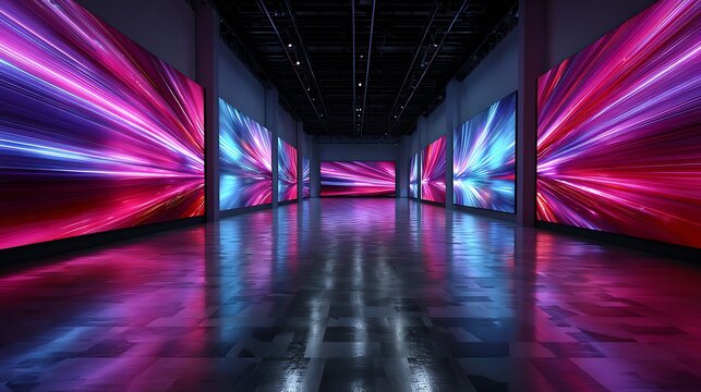 Immersive digital art gallery with vibrant light streaks displayed on large screens