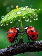 Two ladybugs holding hands under a leaf umbrella with water droplets on a branch in nature close up