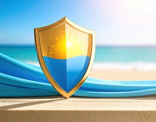 Gold shield with sun and water on beach